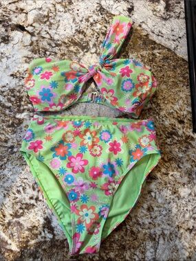 Pink Lily Lime Green Floral Two-Piece Bikini Set